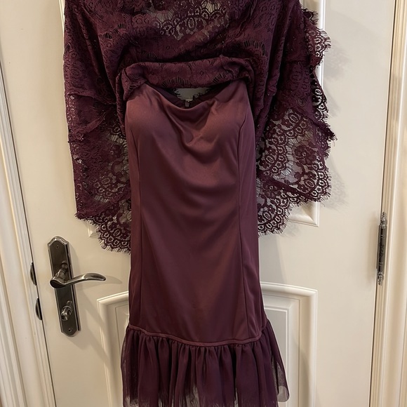 Betsy & Adam lace A-line dress with tulle in auburn (deep burgundy) size 12 - Picture 10 of 11